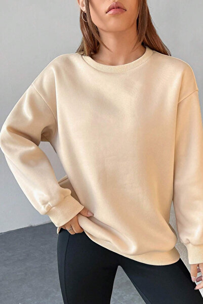 MODAGEN Unisex Μπεζ Πυξίδα με στάμπα Oversize φούτερ με λαιμόκοψη