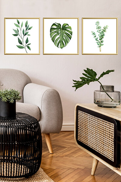 Linacci Üçlü Gold Alüminyum Metal Çerçeveli Yeşil Yaprak Camlı Kare Tablo Seti