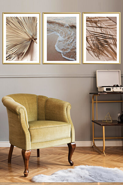 Linacci Üçlü Gold Metal Kumsal Yaprak Yaz Çerçeve Cam Poster Tablo Seti