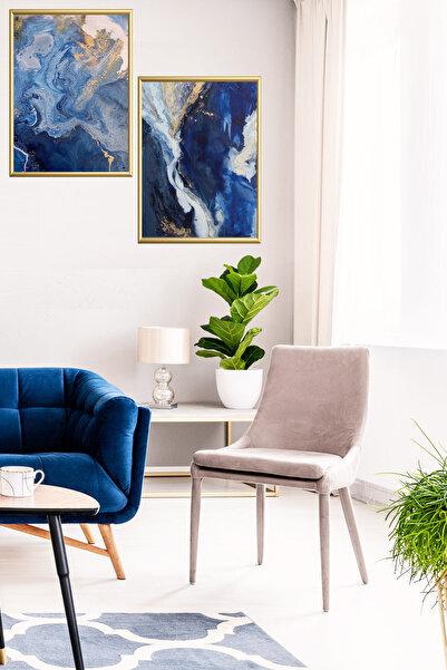 Linacci Ikili Gold Alüminyum Metal Çerçeveli Camlı Mavi Mermer Desenli Poster Tablo Seti