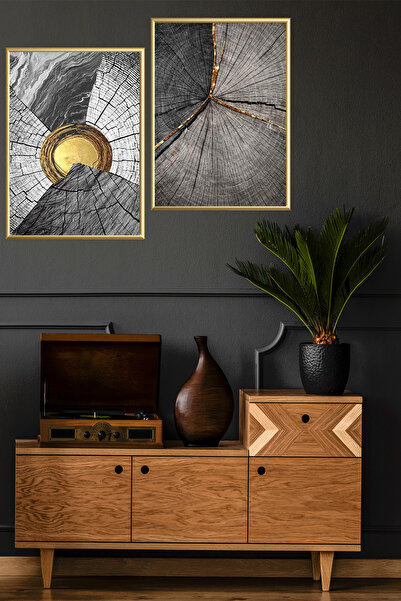 Linacci Ikili Gold Alüminyum Metal Gri Siyah Çerçeveli Camlı Poster Tablo Seti