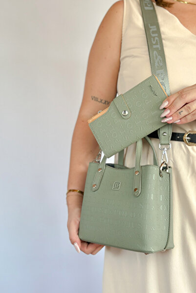 Just Polo طباعة النقش عالية الجودة 4 حجرة حقيبة يد وكتف نسائية 24 × 24 سم 4095 تركيبة خضراء