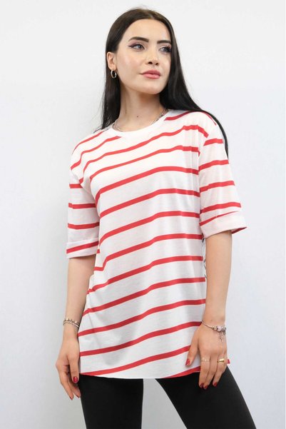 Zühre Striped Combed Cotton T-shirt Red