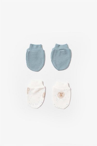 Biorganic Baby Boy Brave Lion 2-Piece Gloves Ecru-Turquoise 72211