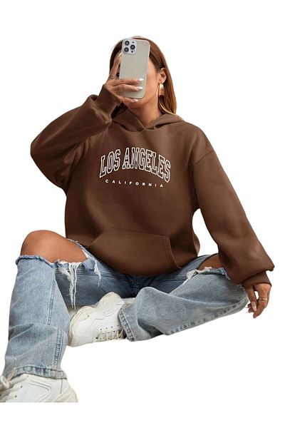 BENROMA Unisex Λος Άντζελες με στάμπα καφέ ιδρώτας με κουκούλα