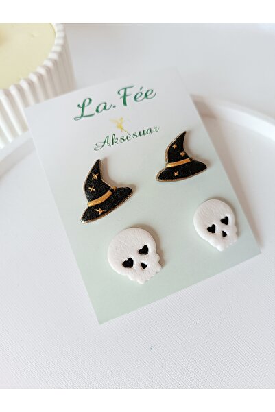 La fee aksesuar Cadılar bayramı - Halloween kuru kafa aksesuar polimer kil küpe 2 li aksesuar seti