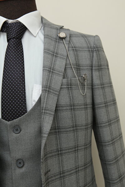 Querinca Yelekli Gri Slim Fit Takım Elbise (kravat Ve Yaka Süsü )