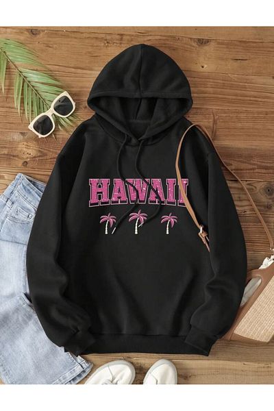 ALİKA Hanorac supradimensionat cu glugă cu buzunar cangur cu palmier hawaian negru