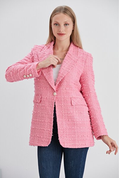 brako tekstil Chanel Kumaş Omuzları Vatkalı Ekose Desen Blazer Ceket (Uzun Boy)
