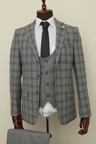 Querinca Yelekli Gri Slim Fit Takım Elbise (kravat Ve Yaka Süsü )