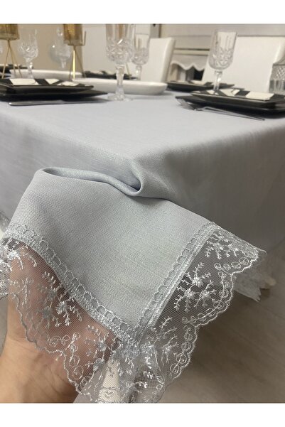 Zeren Home Keten Görünümlü Dantel Detaylı Simli Dertsiz Masa Örtüsü Gri 25 Parça
