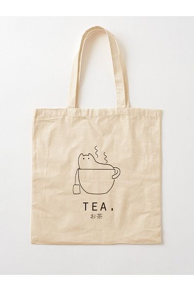 w house Gusseted Cloth Shoulder Bag 14551 - Tea Ocha with Kawaii Cat Japanese Minimalist Simple Art