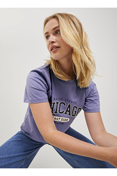 JJXX Bisiklet Yaka Baskılı Mor Kadın T-Shirt JXNAOMI REG SS TEE JRS
