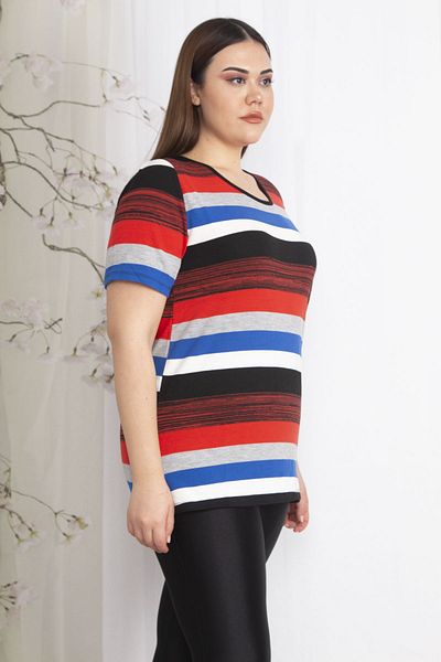 Şans Women's Large Size Colorful Short Sleeve Knitwear Woven Striped Blouse 65n36838