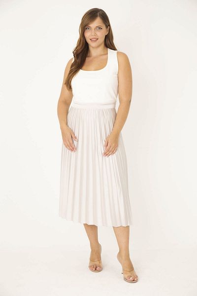 Şans Women's Large Size Bone Skirt Part Satin Pleated Dress 65N36854