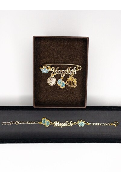 Genel Markalar Bebek Hediyelik Maşallah Bebek Yaka Iğnesi Ve Bebek Bileklik - Künye Mavi