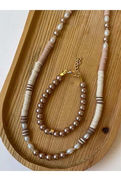 Paytak Moda طقم مجوهرات سوار وقلادة فيمو باللون البني PYTKFMKLYBLK96