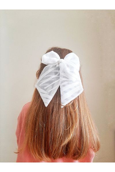 NEW BOWS BANDS Girl's Large Pinwheel Clip Hair Clip White Patterned Tulle