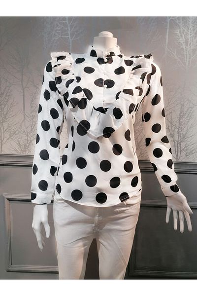 TREND Ruffle Collar Flounce Polka Dot Shirt - BLACK AND WHITE