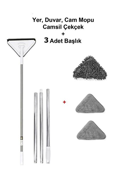 FORSACE Teleskopik 3 Sopalı Toplam 3 Bezli Üçgen Camsil Duvar Yüzey Cam Silme...