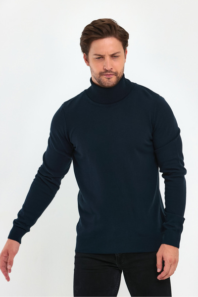 Lafaba Pánský základní pletený svetr s rolákem v námořnické modré barvě