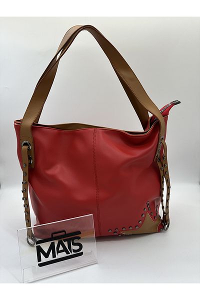 DSN Star Patterned Red Tan Hand and Shoulder Bag