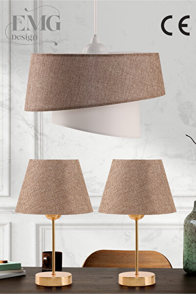 Emg DesiGn Kumaş Manolya Modern Tekli Avize Ve 2 Li Abajur Seti