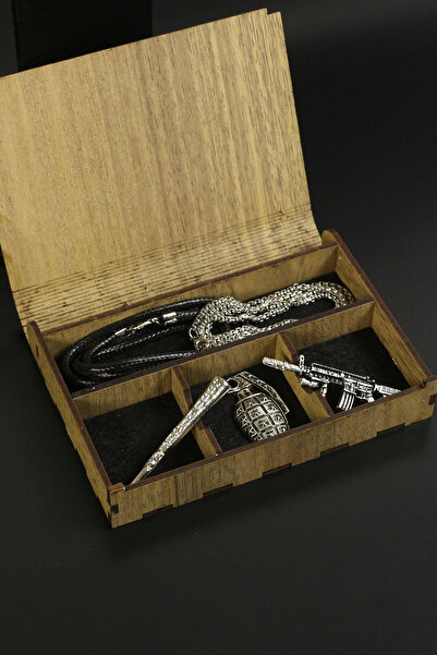 Dukkanka Kolye Seti Ahşap Özel Hediye Kutulu Sopa, El Bombası Ve Silah Künye İp Ve Zincir
