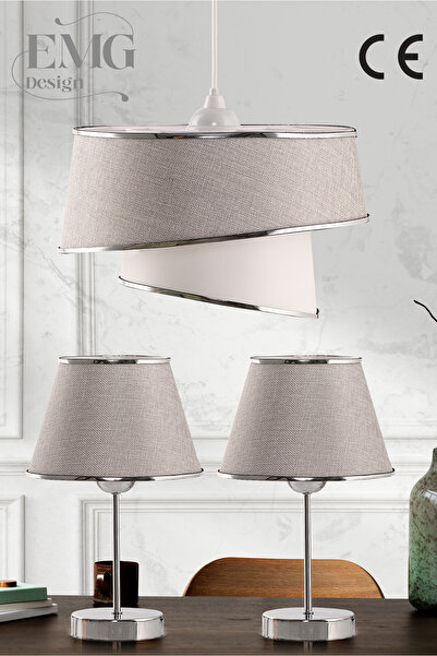 Emg DesiGn Kumaş Manolya Modern Tekli Avize ve 2 Li Abajur Seti