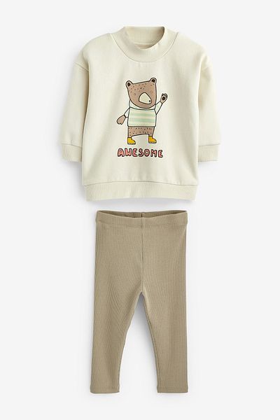 Next Baby 100 Cotton Beige Bo Bear Patterned Jogger Top and Bottom Set
