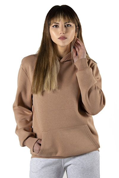 ADEGO سويت شيرت نسائي أساسي بقلنسوة بلون الجمل سميك وثلاثة خيوط بلون ذهبي وردي