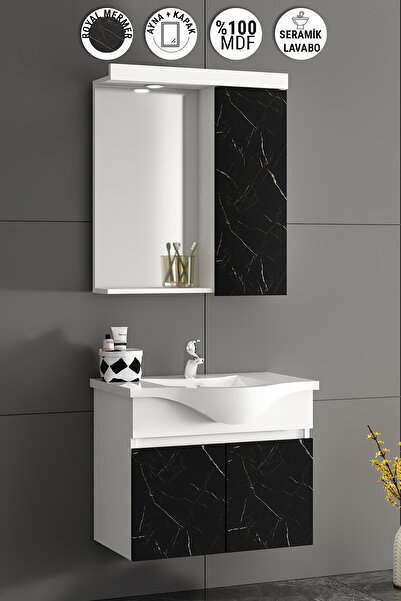 ÖZCEDEN Yıldız 65 cm Beyaz-Royal Mermer MDF Seramik Lavabolu Asma Banyo Dolab...