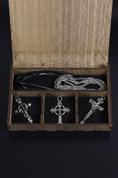 Dukkanka Yılanlı, Haç Ve Çarmıh Kolye Seti Ahşap Özel Hediye Kutulu