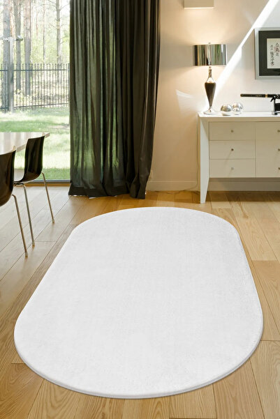 LİNOS HOME Beyaz Fluffy Oval Post Peluş Halı Antibakteriyel Kaymaz Taban Yumu...