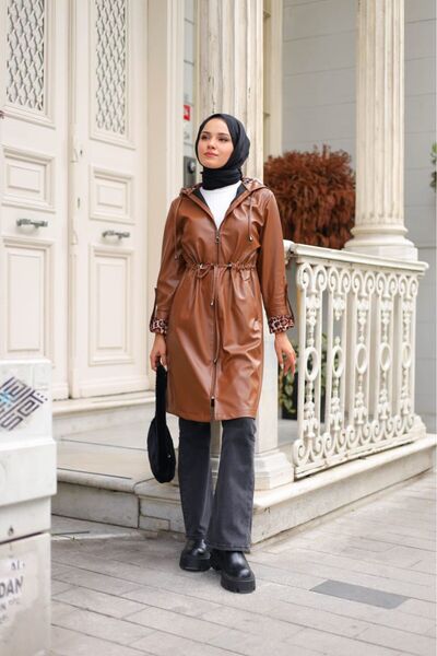Pamuk Butik Women's Pocket Hooded Leather Cap Jacket Brown