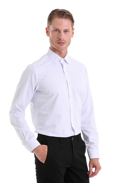 Hatemoğlu White Slim Fit Patterned Cotton Slim Collar Long Sleeve Sports Shirt