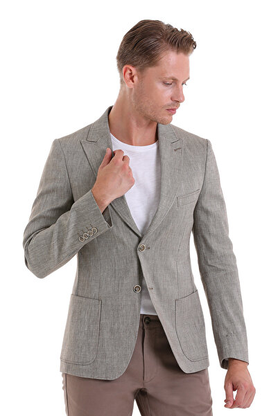 Hatemoğlu Jachetă casual de in, maro, cu model, cu guler ascuțit