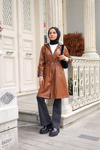 Pamuk Butik Дамско кожено яке с качулка и джоб, кафяво