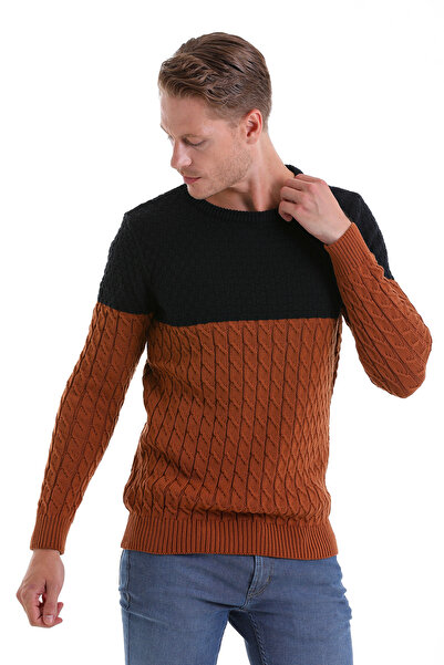 Hatemoğlu Tobacco Comfort Fit Patterned Cotton Crew Neck Casual Knitwear Sweater