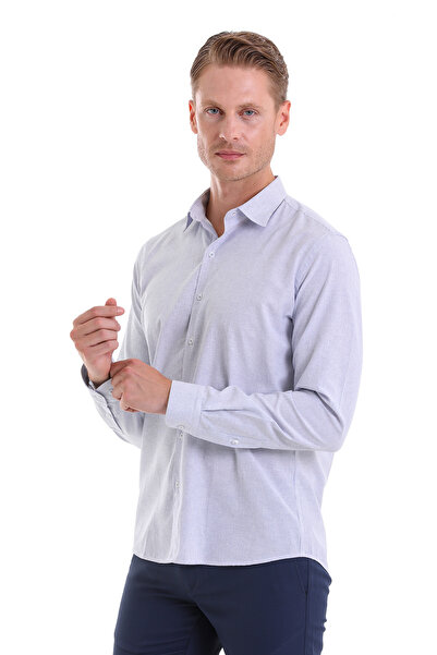 Hatemoğlu Lacivert Comfort Fit Çizgili Pamuklu Slim Yaka Uzun Kollu Casual Gömlek