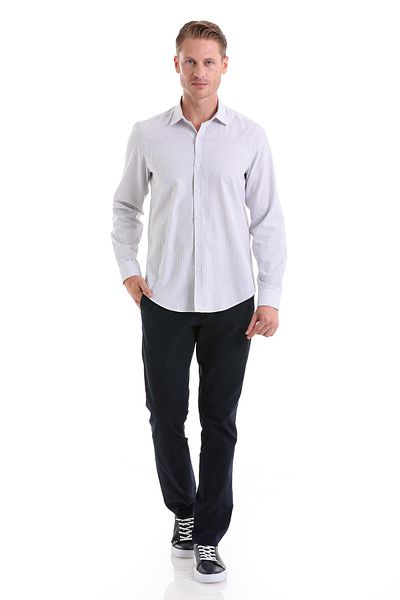 Hatemoğlu Gray Comfort Fit Striped Cotton Slim Collar Long Sleeve Sports Shirt