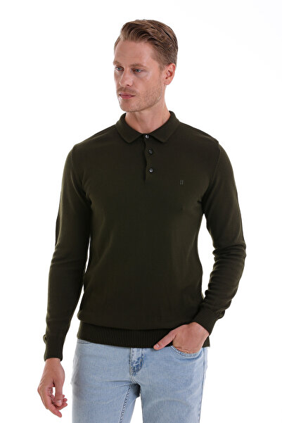 Hatemoğlu Haki Regular Fit Düz Polo Yaka Triko Kazak