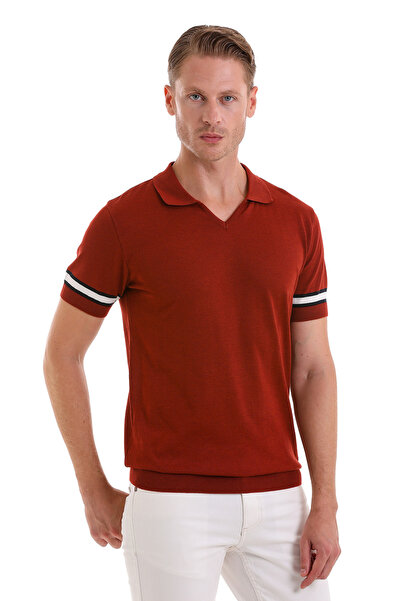 Hatemoğlu Kiremit Slim Fit Çizgili Polo Yaka Triko Tişört