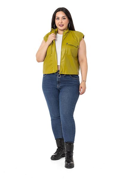 DISENTIS MODEST Large Size Leather Short Pistachio Green Vest with Drawstring Detail and Pockets