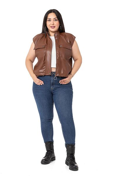 DISENTIS MODEST Large Size Leather Short Brown Vest with Drawstring Detail and Pockets