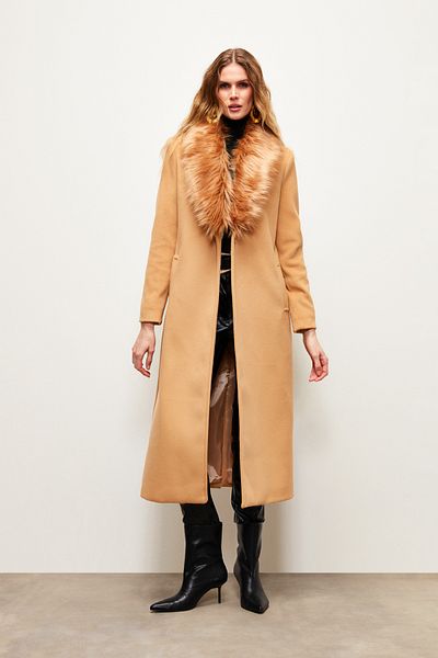 Sateen Long Coat with Fur Collar - CAMEL
