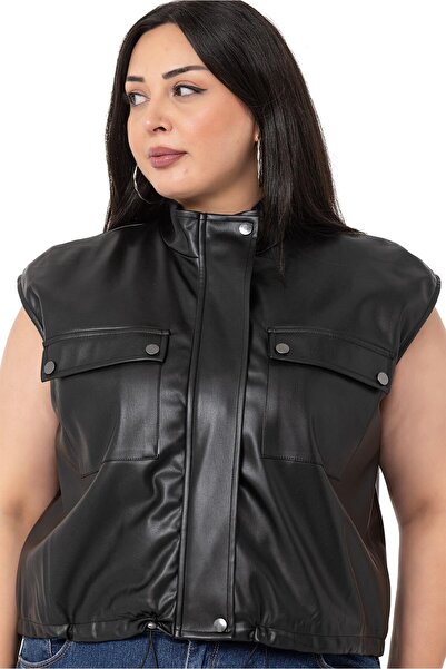 DISENTIS MODEST Large Size Leather Short Black Vest with Drawstring Detail and Pockets