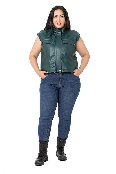 DISENTIS MODEST Large Size Leather Short Khaki Vest with Drawstring Detail and Pockets