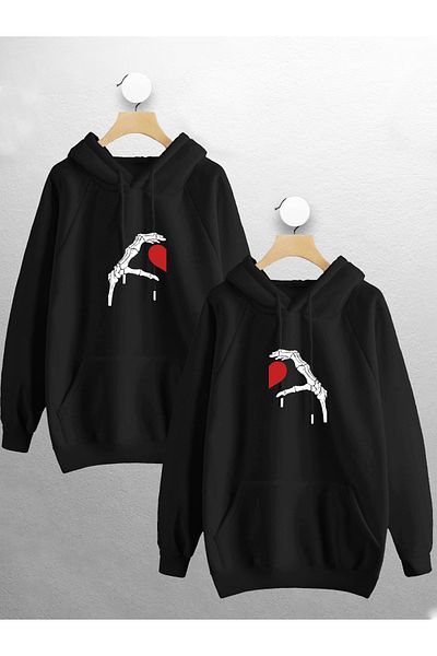 Jobia Outdoors Women Men Unisex Skeleton Hand Heart Lover Couple Combination Design Hooded Sweatshirt 2-Piece Set