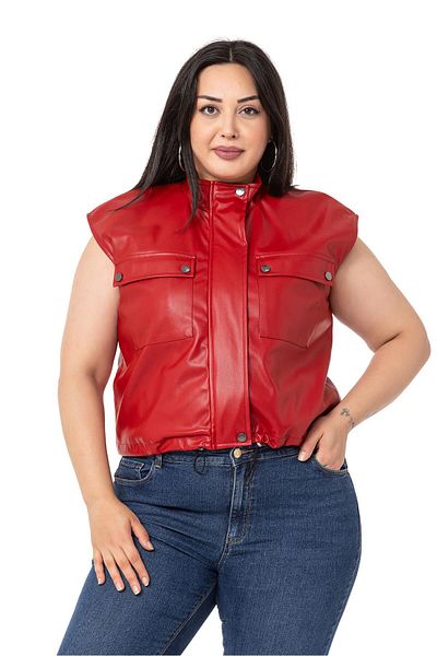 DISENTIS MODEST Large Size Leather Short Red Vest with Drawstring Detail and Pockets
